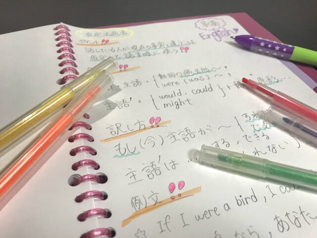 ノートに挟まれた色とりどりのペン